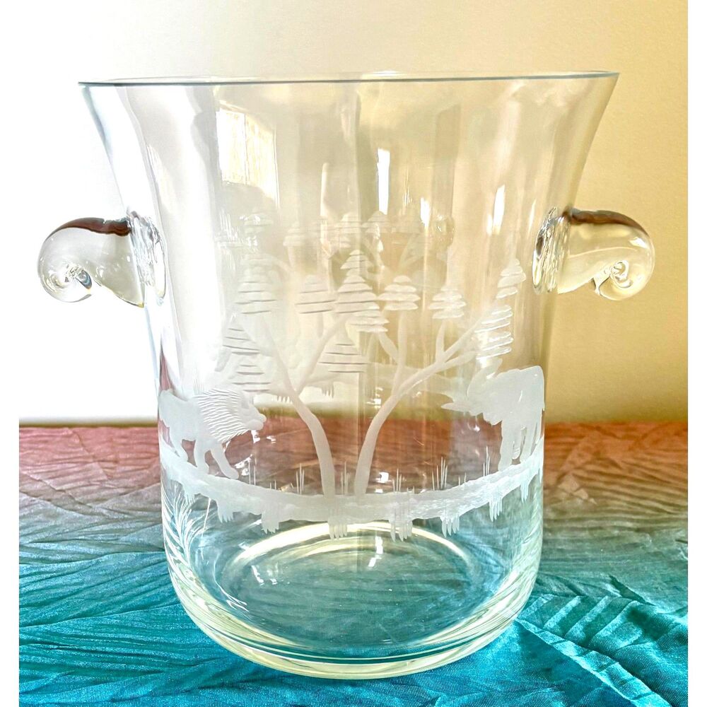 Vintage Etched Safari Glass Ice Bucket Jungle Wildlife Champagne Chiller